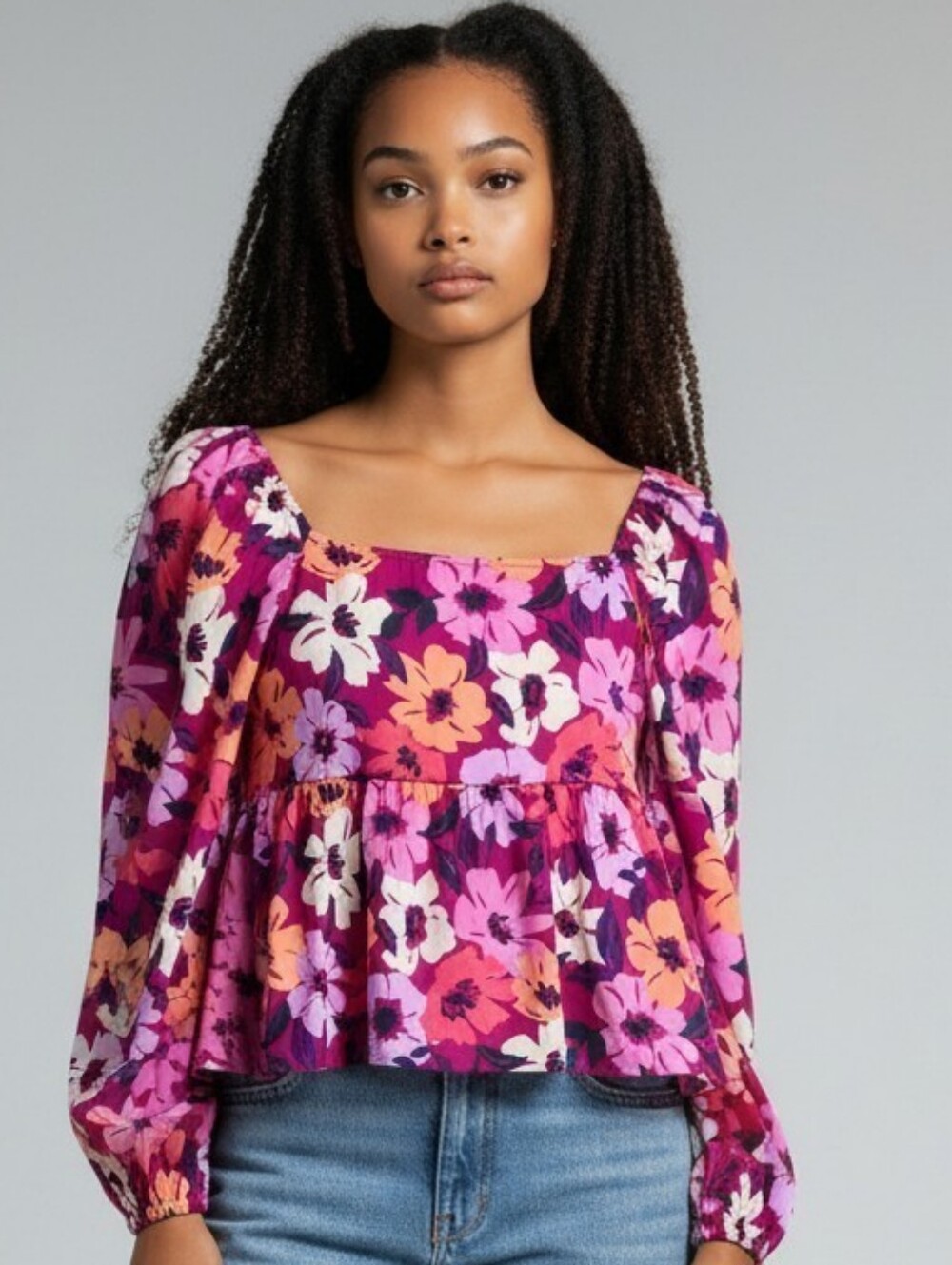 Gilli Floral V-Neck Peplum Blouse - Magenta, Pink, Orange #BL5